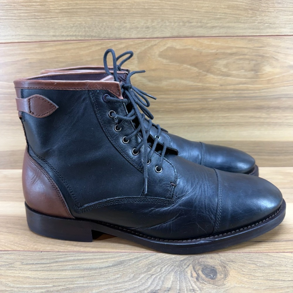 TED BAKER Comptan Combat Boots Mens 10 Black Brown Leather Lace Up
